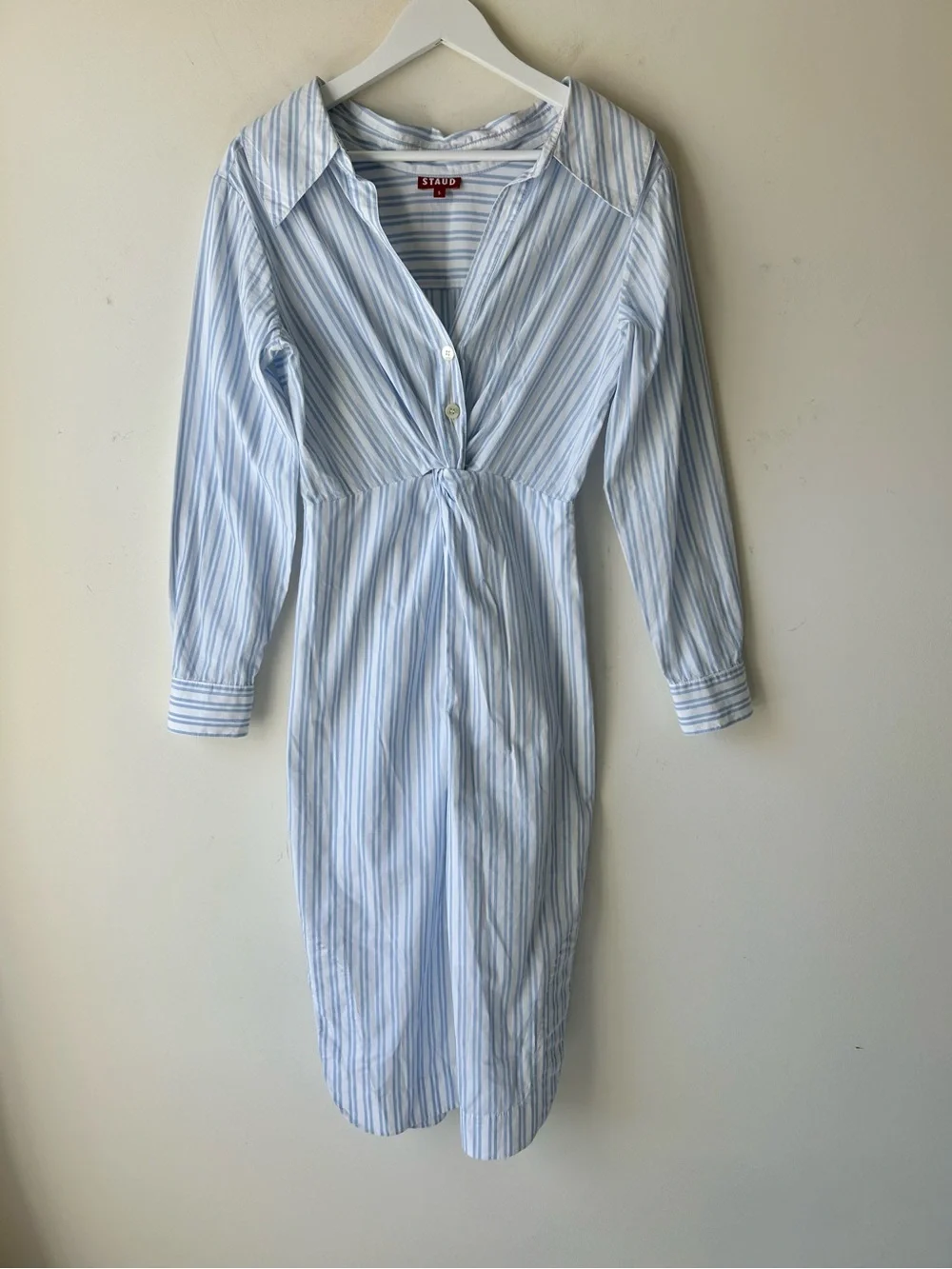 Staud Clea Twisted-Waist Midi Shirtdress Size 6 Blue White Striped Cotton zip - Picture 3 of 16